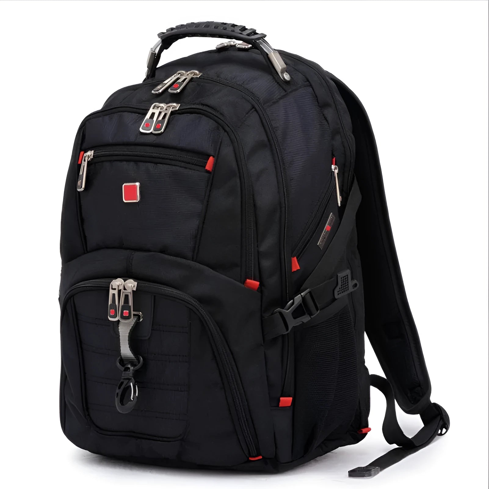 Black 38 litre business laptop backpack open to show three internal compartments for a computer, stationery, and storage.