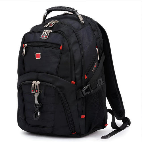 Black 38 litre business laptop backpack open to show three internal compartments for a computer, stationery, and storage.