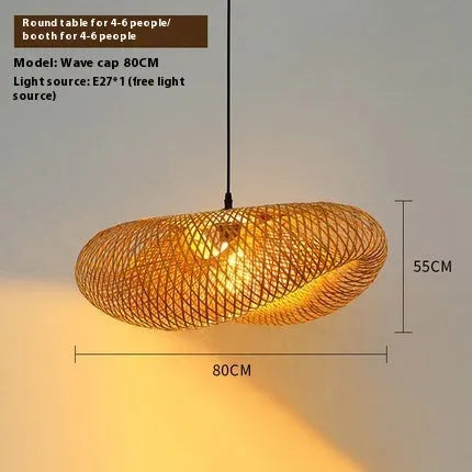 Bamboo straw hat-shaped hanging pendant light with natural rattan weave in 40cm or 50cm diameter options