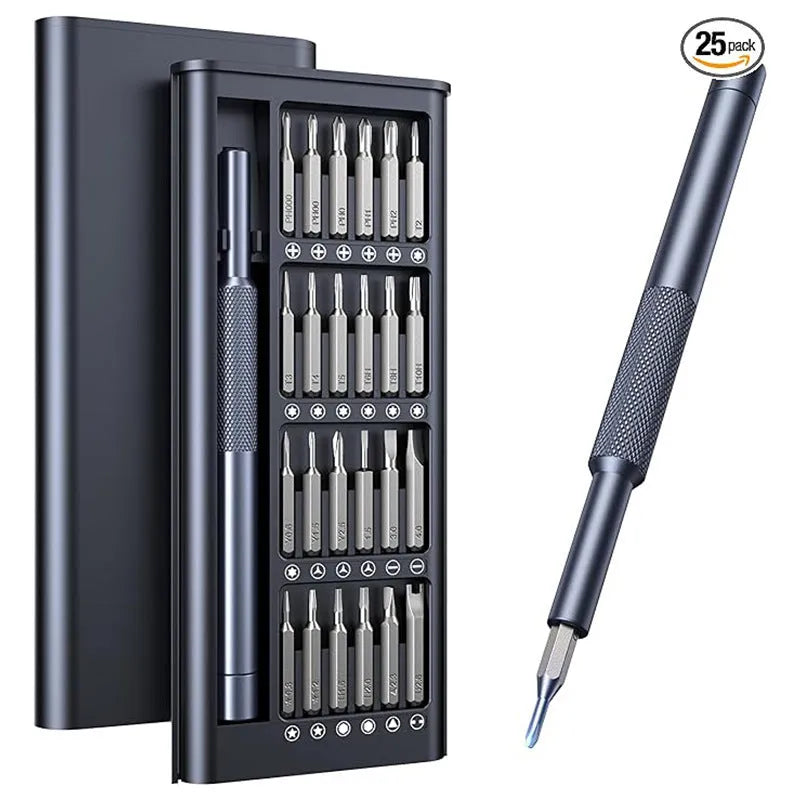 Compact 25-in-one magnetic screwdriver set with chrome vanadium steel shaft and black ABS handle.