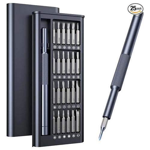 Compact 25-in-one magnetic screwdriver set with chrome vanadium steel shaft and black ABS handle.