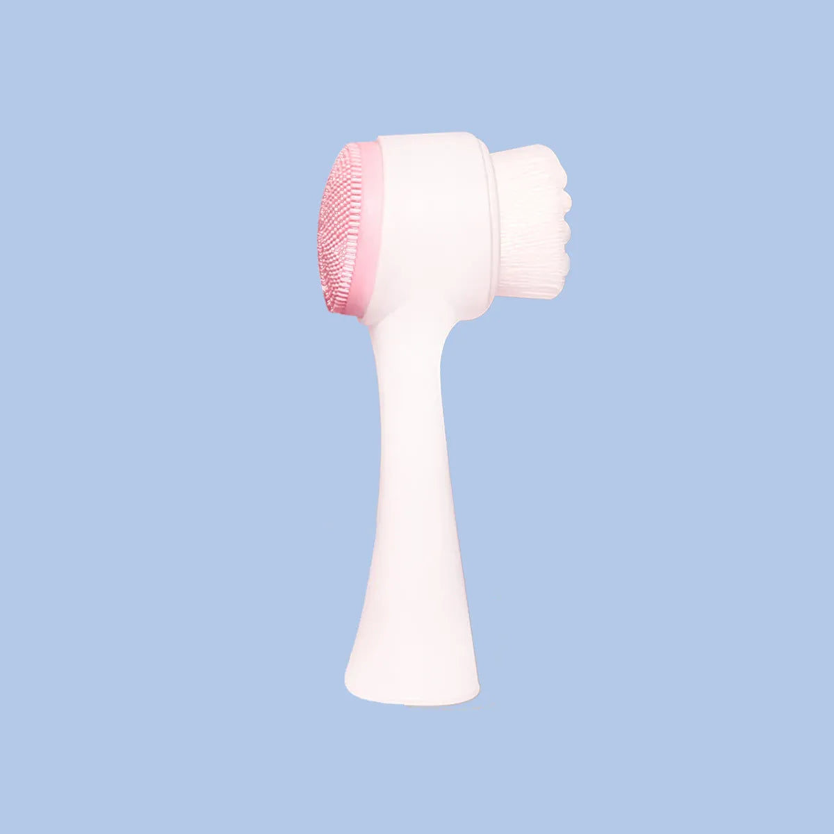 Keep dry facial brush set with plastic handle, coral fleece hair band, and stack of purple and pink face wash sponge suits.