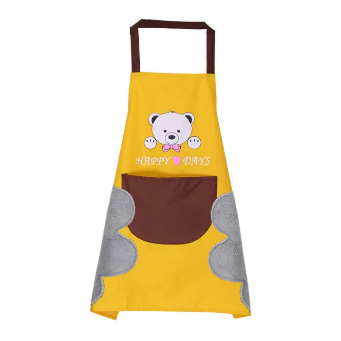 Sleeveless waterproof kitchen apron in coral velvet, shown in multiple colour options.