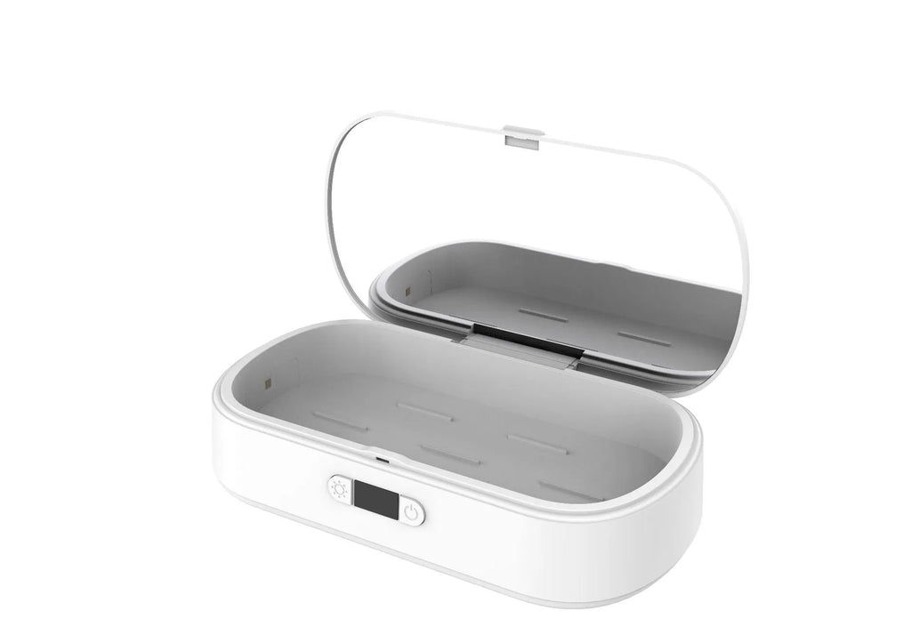 White ABS UV steriliser box with wireless charging for phones and jewellery on a plain background.