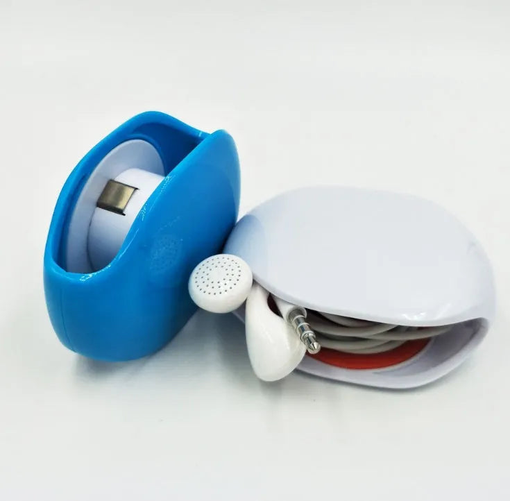 Automatic push-button earphone cable winder reel in assorted colours on a white background.