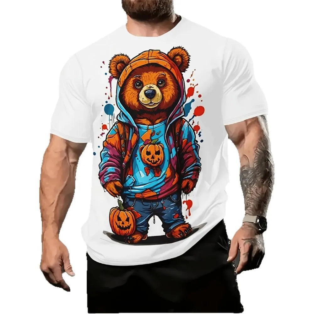 Men's loose casual T-shirt with 3D printed cartoon pattern and short sleeves