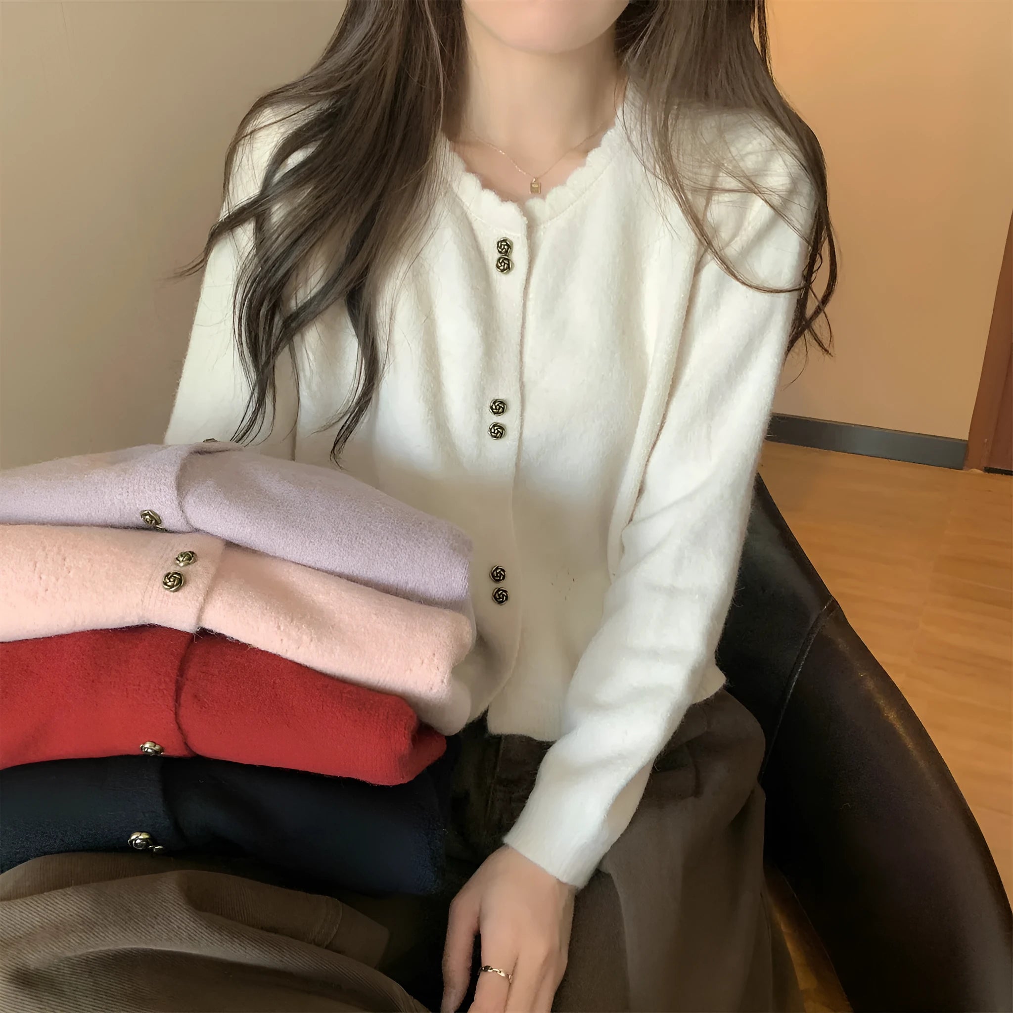 Women's long-sleeved acrylic cardigan coat in milky white, red, pink, light purple, or black colours