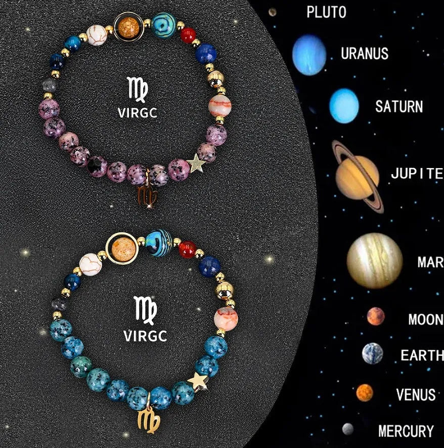 A pair of adjustable natural stone beaded bracelets on a wrist, representing Chinese zodiac signs.