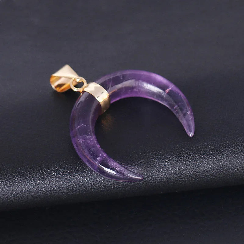 Natural stone moon pendant necklace with copper electroplated chain in pink or purple crystal