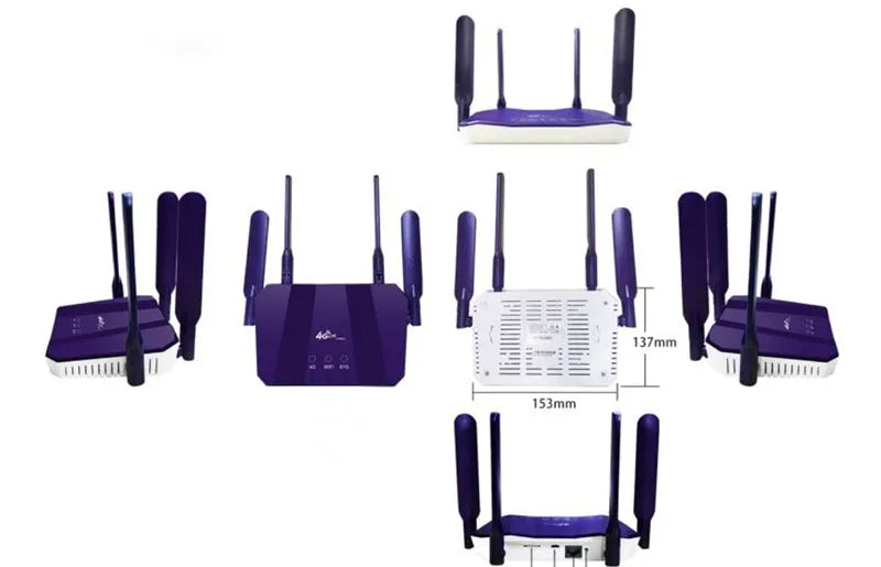 Blue 4G dual-mode wireless and wired router with four external antennas.