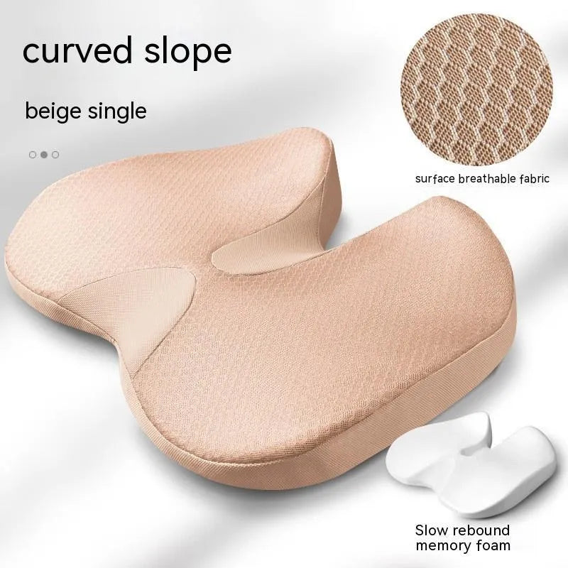 Curved bevel car seat cushion in beige colour with memory foam for tailbone support during driving