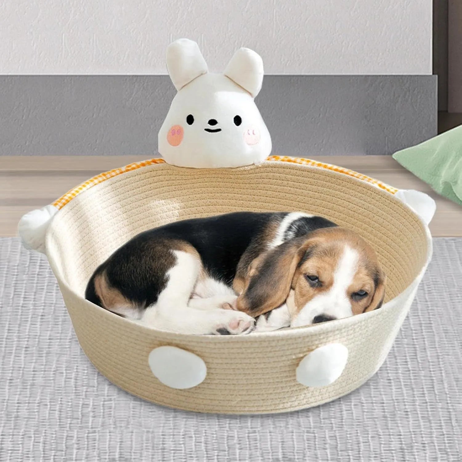Woven cotton rope cat nest bed with scratching board in bear design for indoor pets