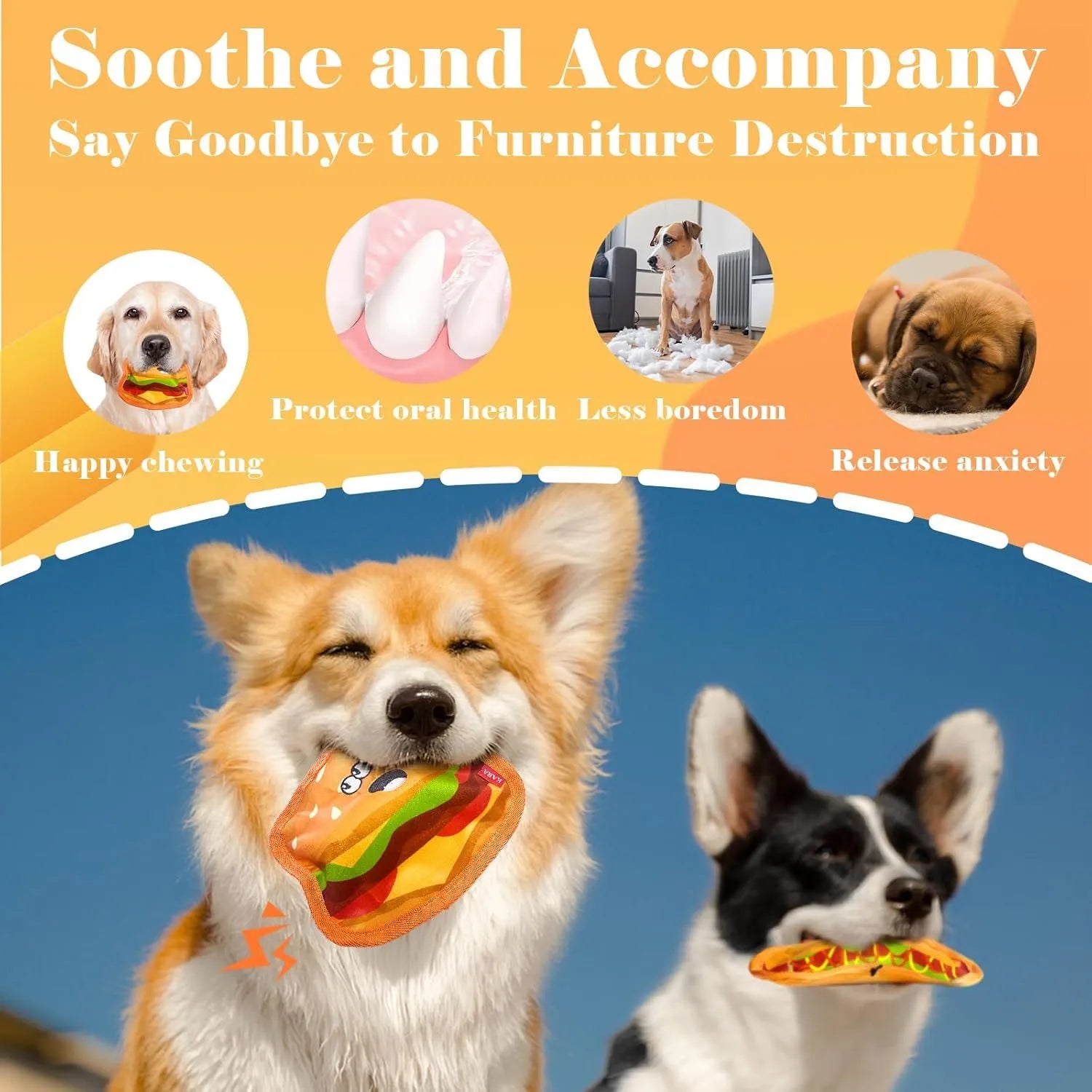 Food-shaped dog chew toys including hamburger, fries, hot dog and pizza designs with crinkle and squeak features