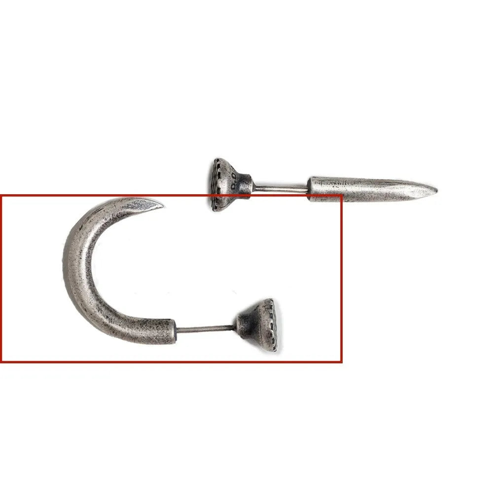 Sterling silver nail stud earrings in straight or curved punk style on ear hook.