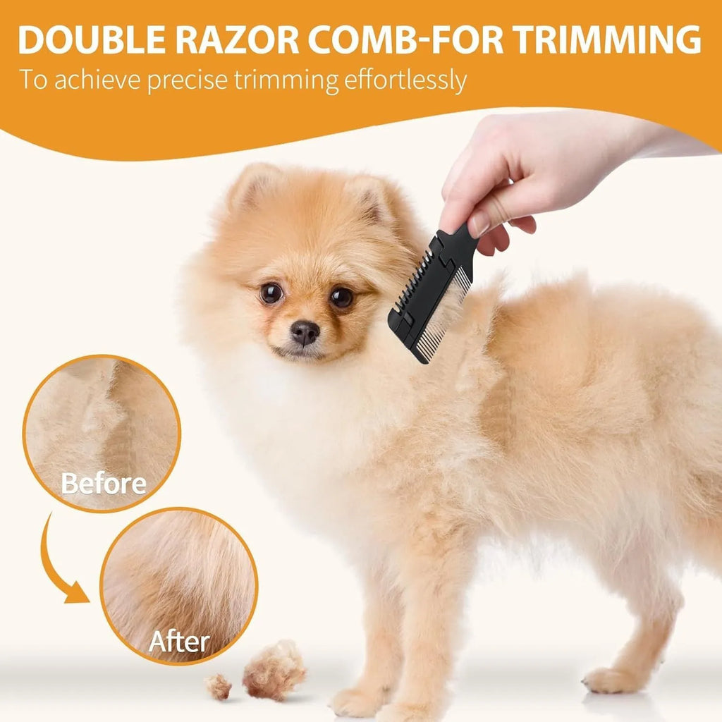 Pet razor comb grooming tool with comb teeth and replaceable razor blades for dog and cat hair trimming