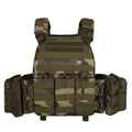 Men's camouflage tactical vest in wear-resistant polyester, shown in an outdoor setting.