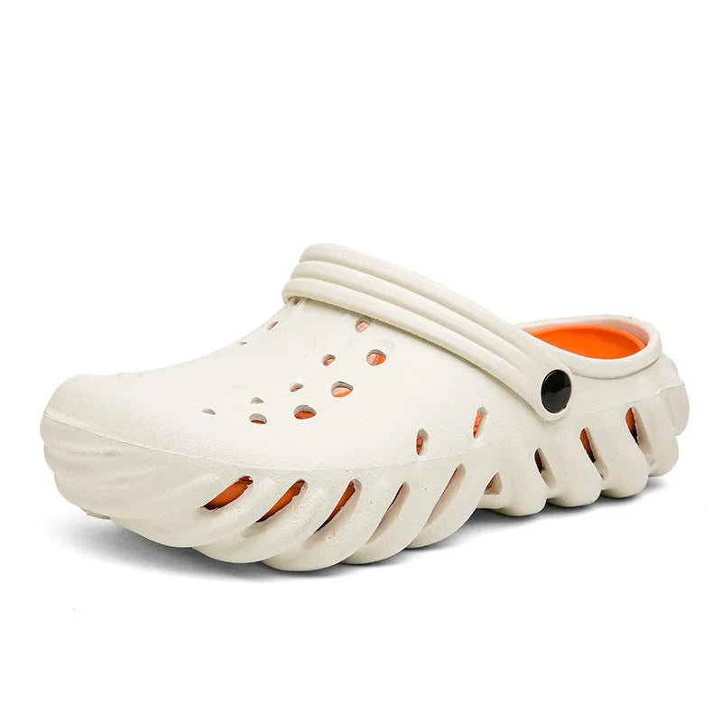 Men's beige EVA outdoor slipper sandals with hole pattern design and non-slip sole