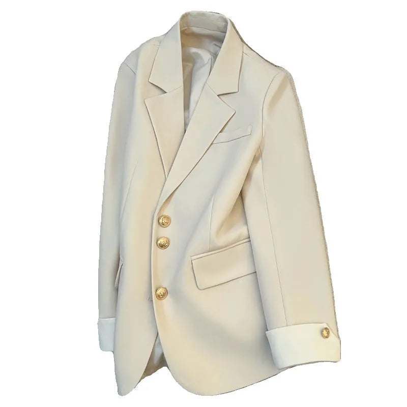 Women's Korean-style loose polyester coat in milky white with pockets