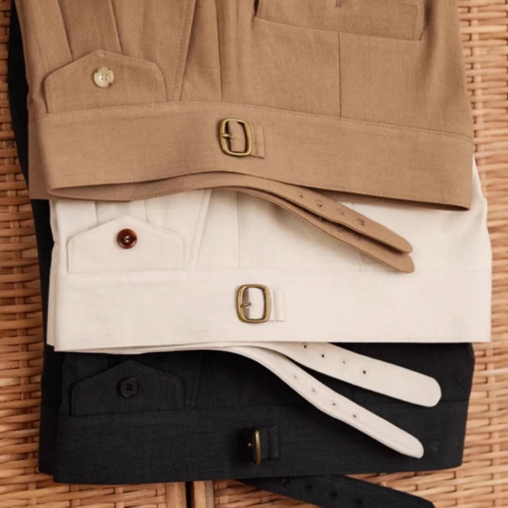 Men's slim fit straight leg trousers in dark grey, light brown and light apricot colours