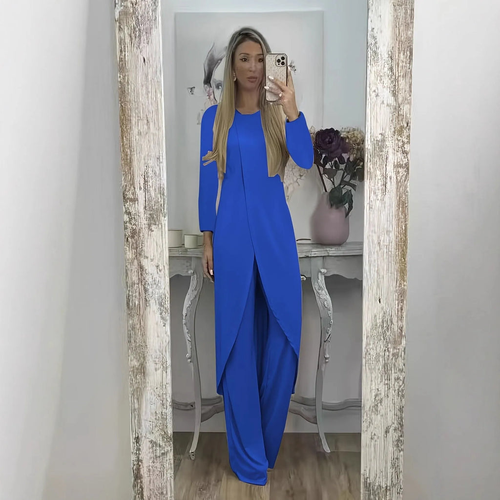 Casual black long sleeve round neck top and loose trousers two-piece lounge wear set.