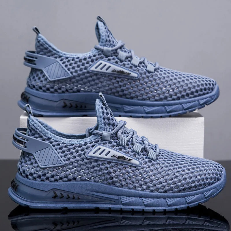 Men's beige mesh-lined casual sneakers with synthetic leather upper and white EVA sole.