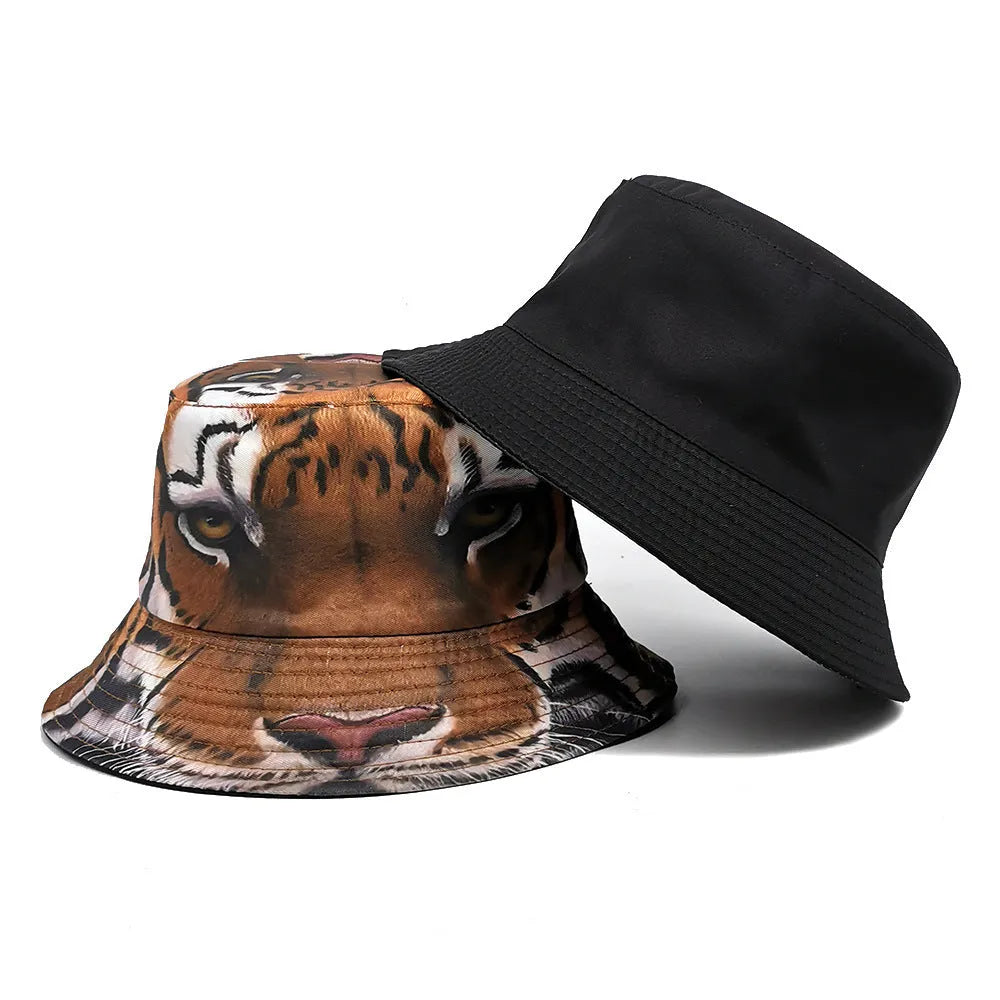 Khaki tiger print polyester bucket hat with dome crown on a neutral background