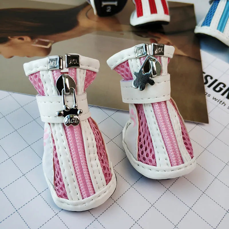 Set of four pairs of blue cloth dog sneakers with a side zipper for small breeds.
