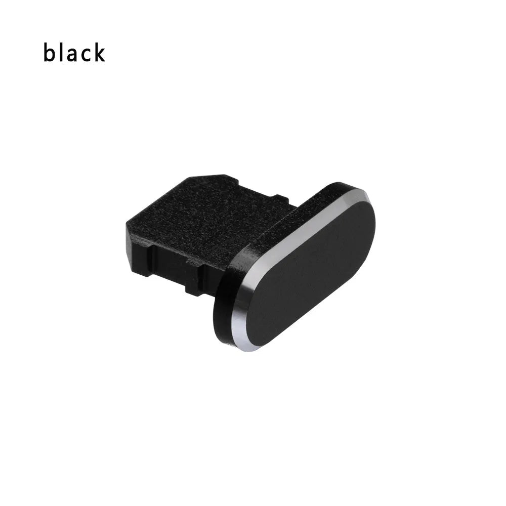 Aluminium alloy charging port dust plug for iPhone in various colours including gold, silver, blue, and rose gold.
