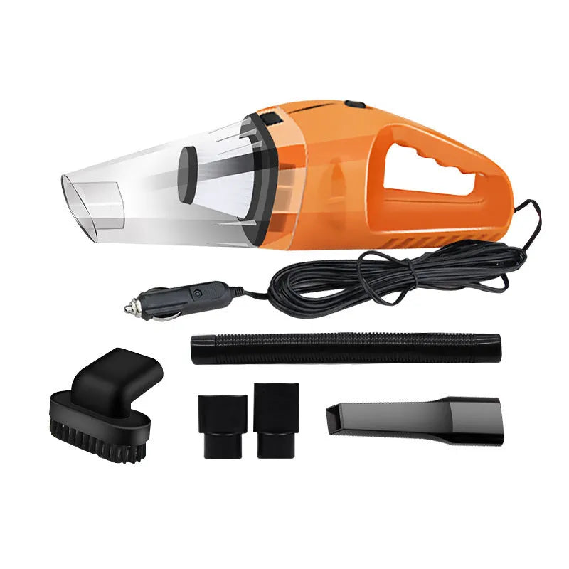Orange, black, and blue portable handheld 12V car vacuum cleaner with nozzle attachments.
