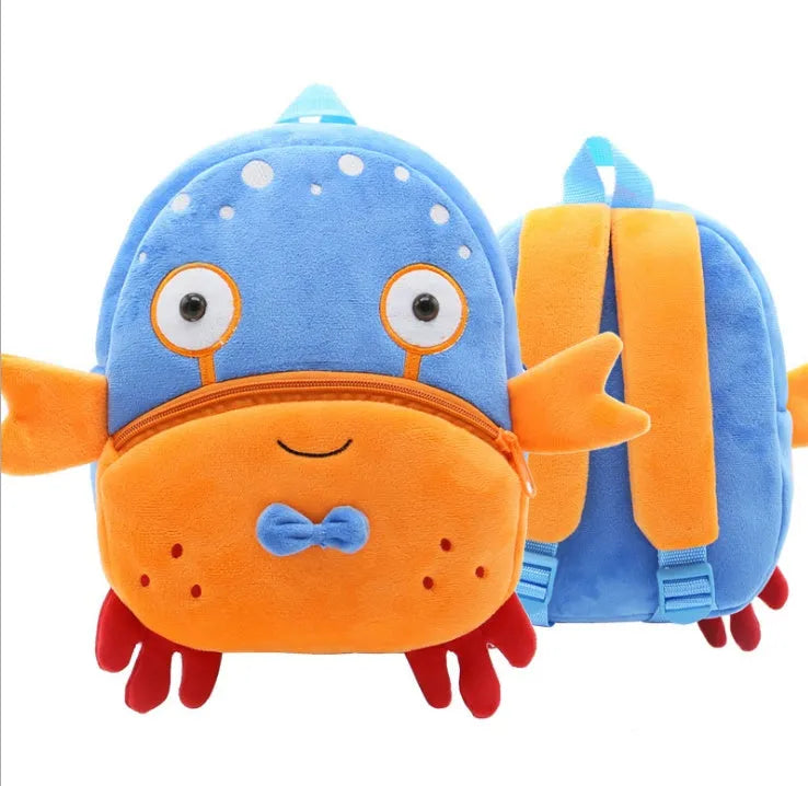 Soft plush children's backpack in cartoon animal design, shown with zipper open, dimensions 26cm by 24cm.