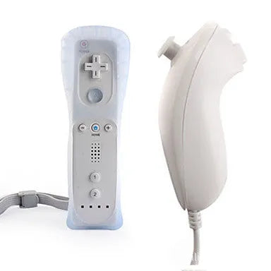 Wii left and right gamepad controller set with wireless right controller showing rubber sleeve