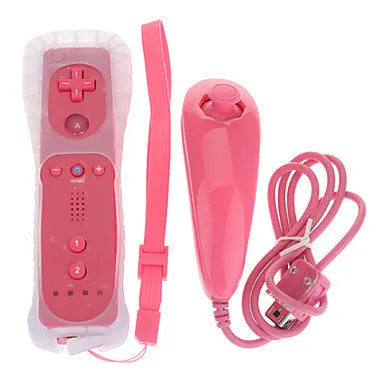 Wii left and right gamepad controller set with wireless right controller showing rubber sleeve