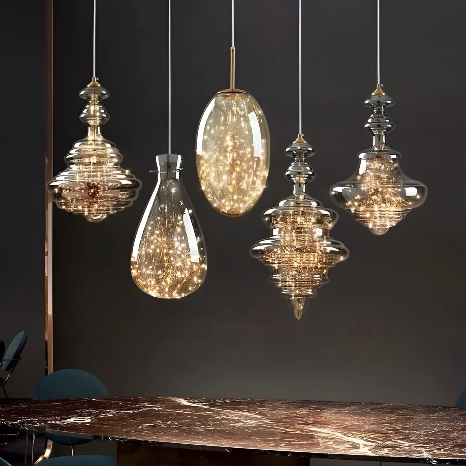 Modern glass droplight chandelier with adjustable height in contemporary lighting design