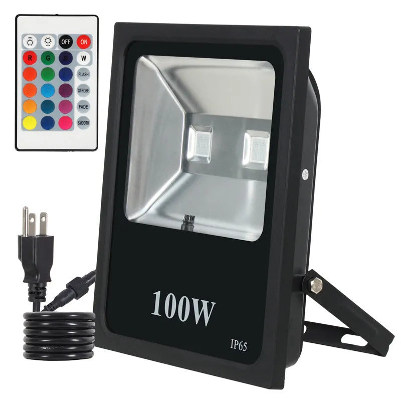 Black aluminum RGB LED flood light with IP65 rating for outdoor advertising and building lighting.