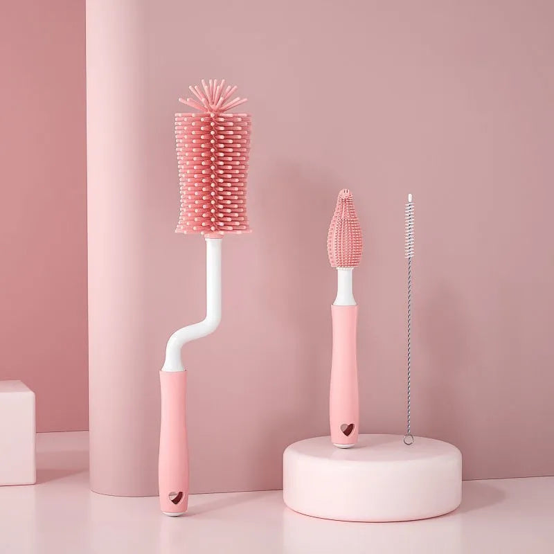 Silicone baby bottle brush set in pink blue and yellow colours for cleaning bottles and straws