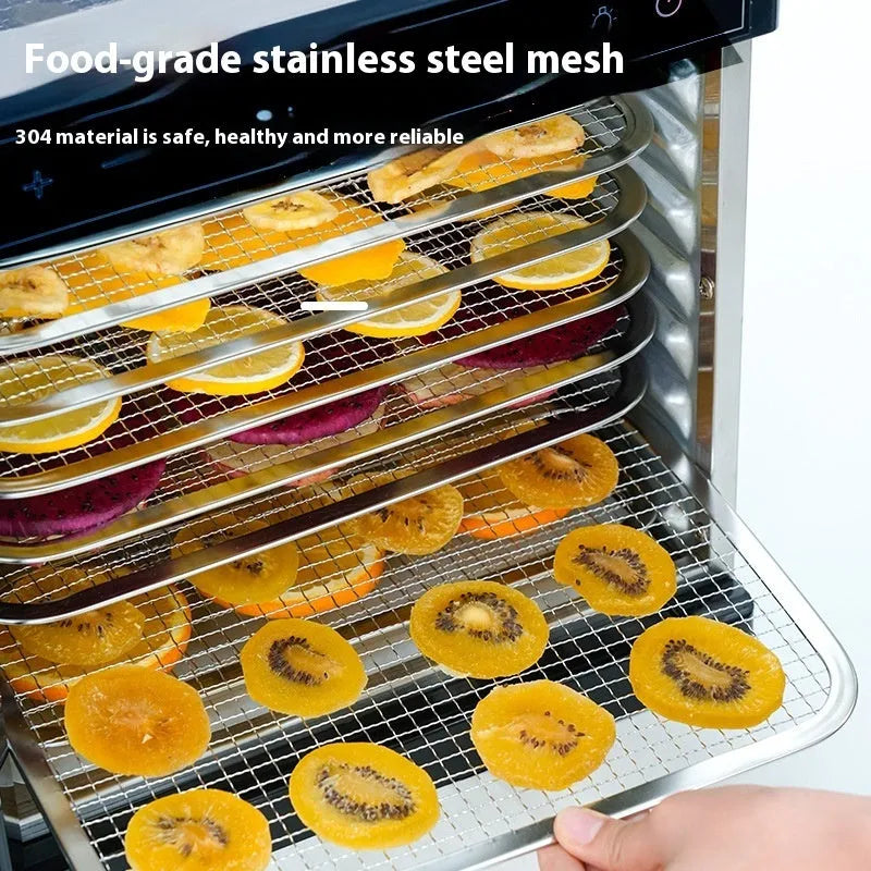 Stainless steel fruit dehydrator with transparent skylight showing drying trays inside
