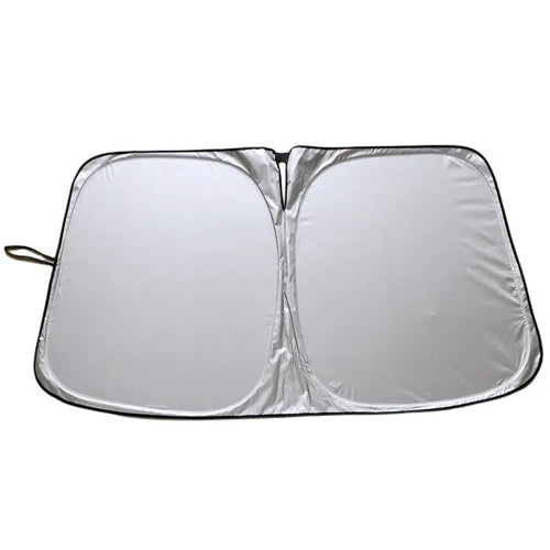 Aluminium foil car sunshade showing reflective silver surface with size dimensions displayed
