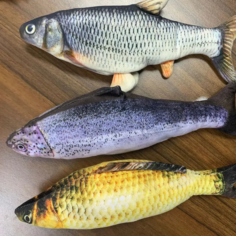 Electric jumping fish simulation cat toy showing multicolor options and USB charging cable.