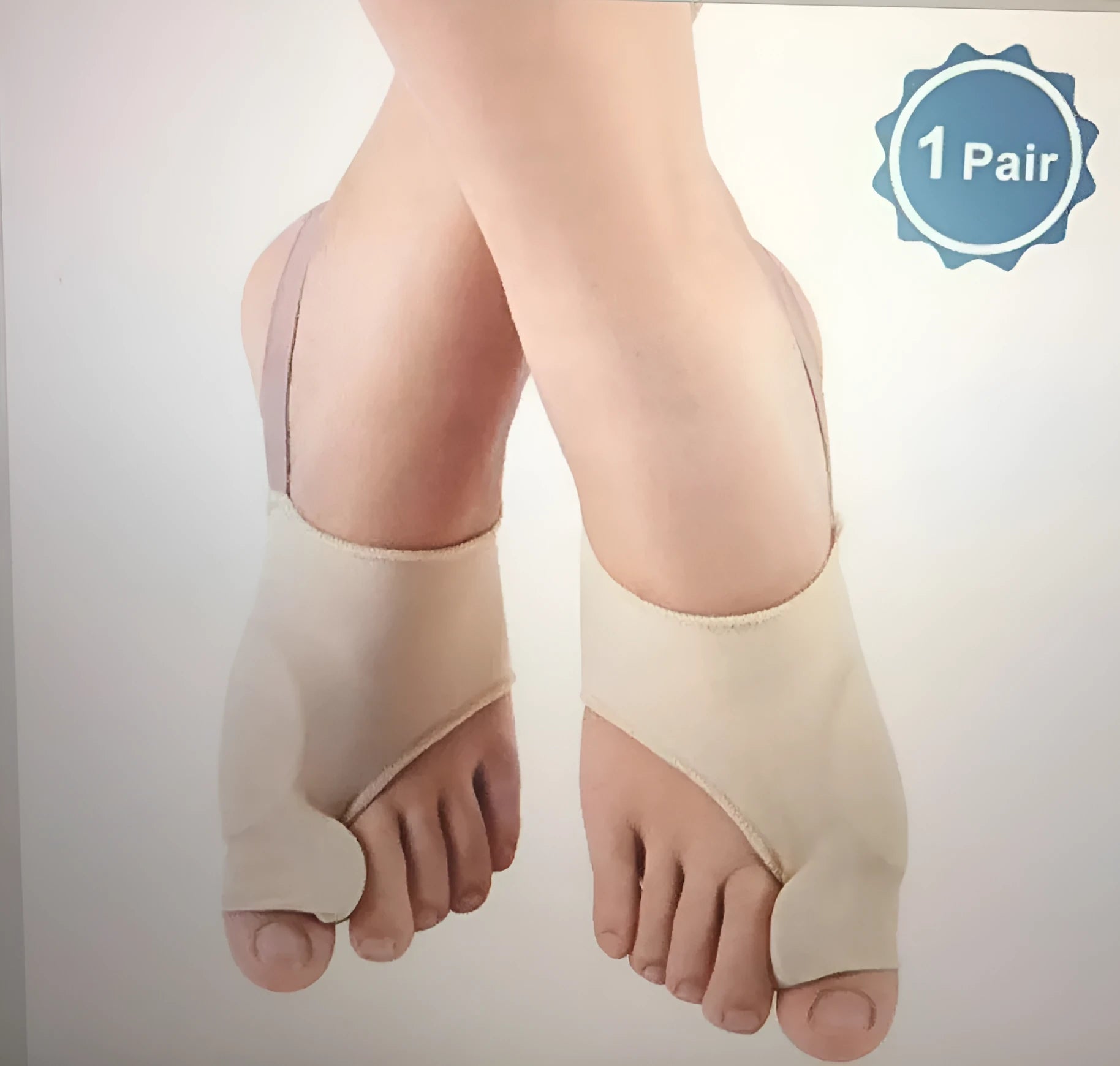 Corrective toe socks with silicone gel bunion pad and toe separator on a foot.