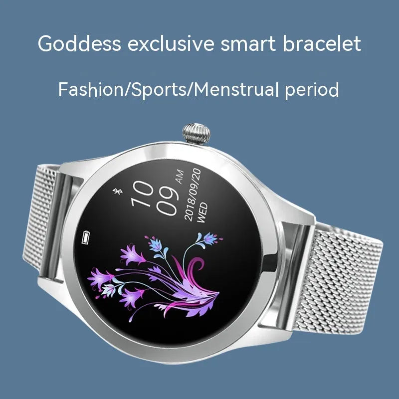 Women's sports smartwatch with colour display showing heart rate monitoring, available in black, rose gold, silver, and white colours