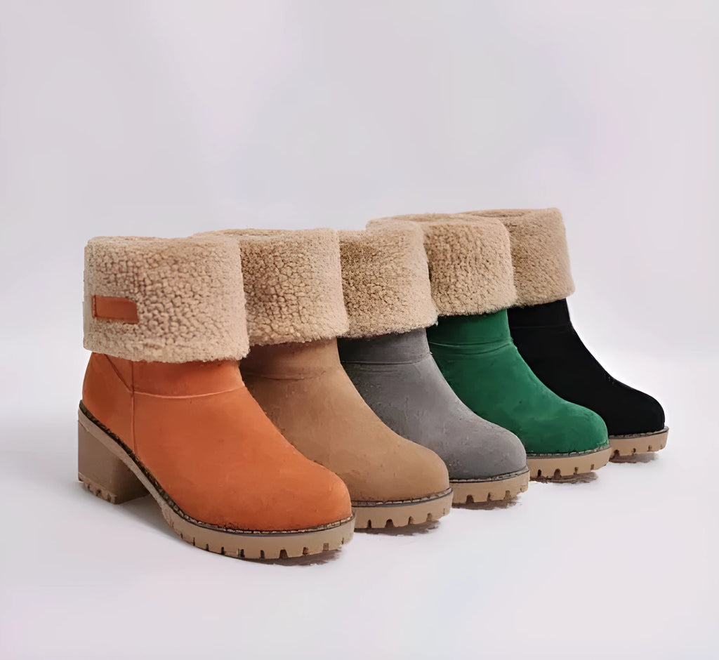 Women's suede mid-tube snow boots with a thick low heel in various colours