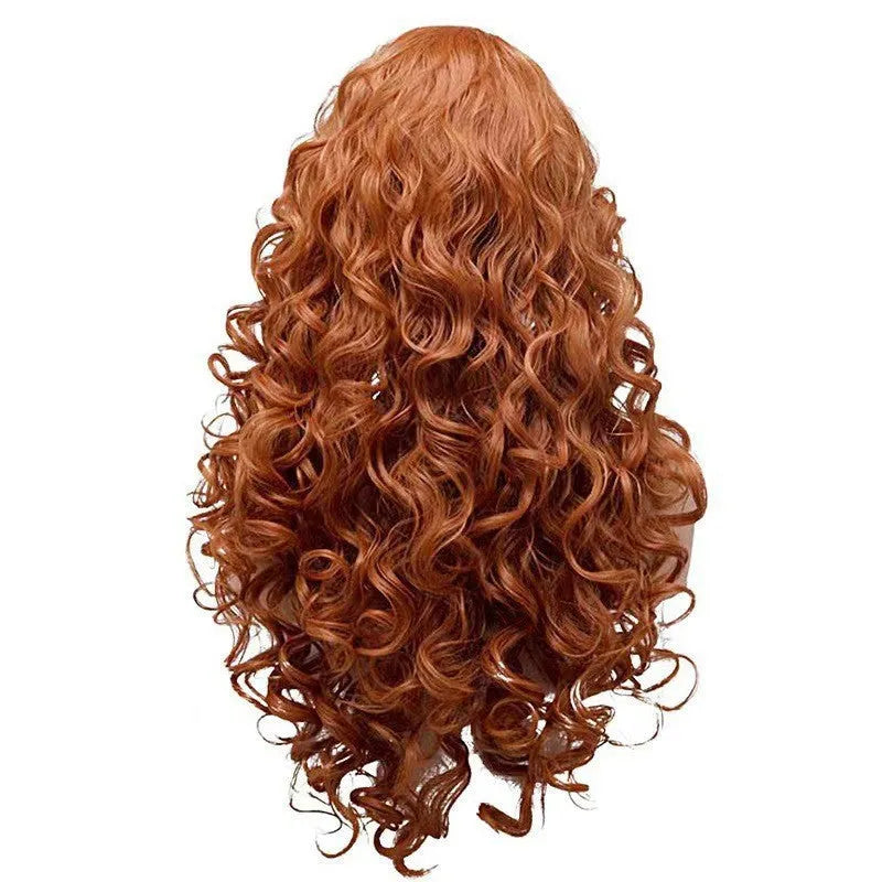 Brown long synthetic wig with tight, fluffy instant noodles-style curls for cosplay.