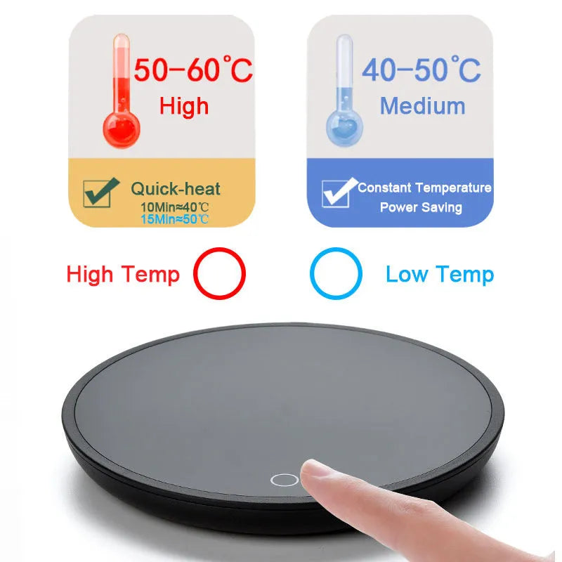 Black coffee mug warmer on a desk with low and high temperature switch