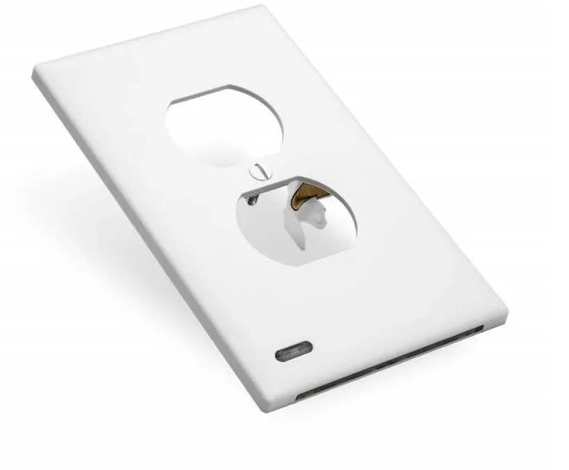 White plug-in LED socket cover night light with automatic sensor installed on a wall outlet.