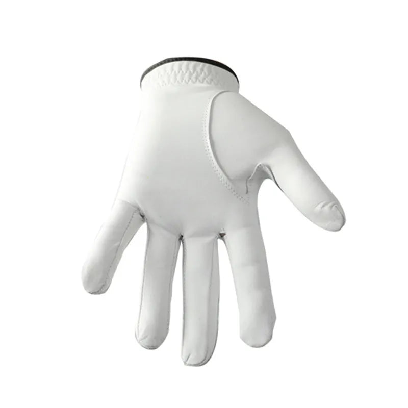 White half sheepskin golf glove for men showing non-slip palm surface