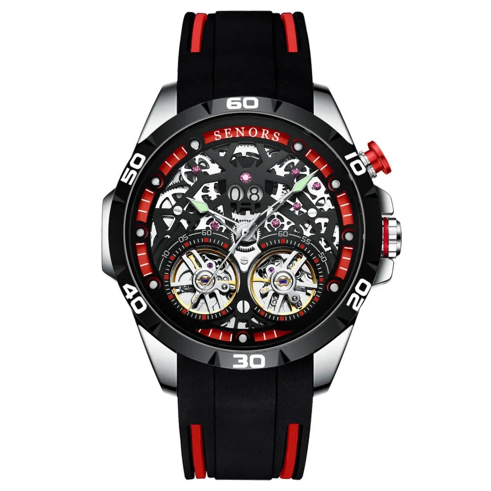 Men's automatic mechanical watch with luminous hands and hollow dial in blue or red colour, 14mm thick case.