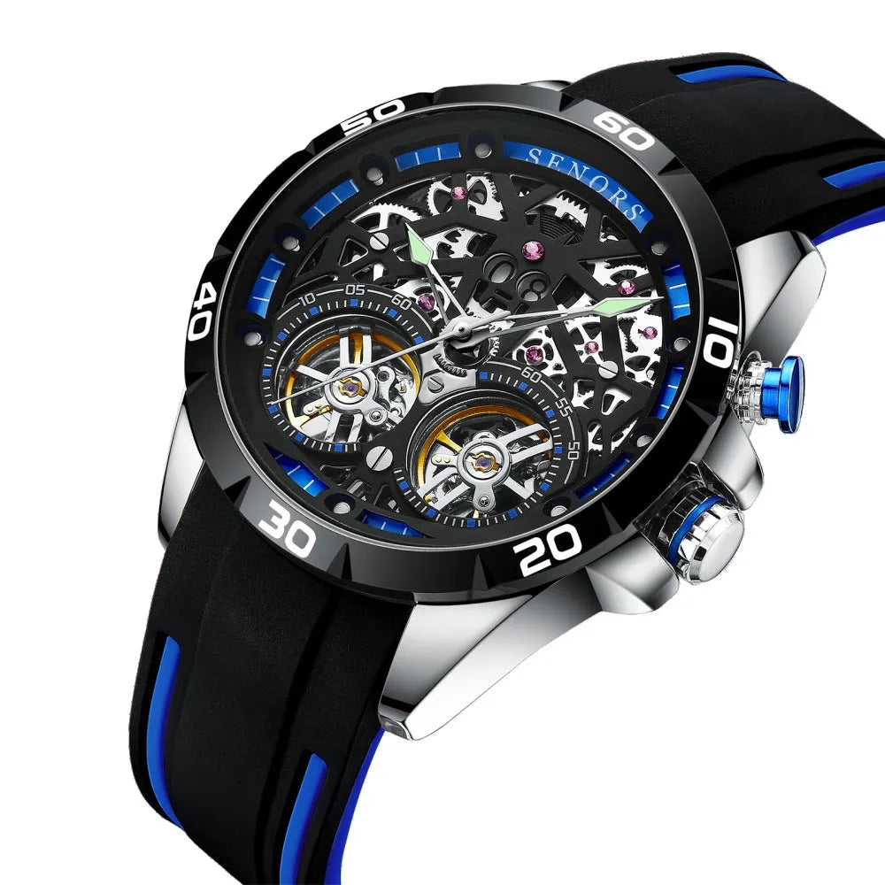 Men's automatic mechanical watch with luminous hands and hollow dial in blue or red colour, 14mm thick case.