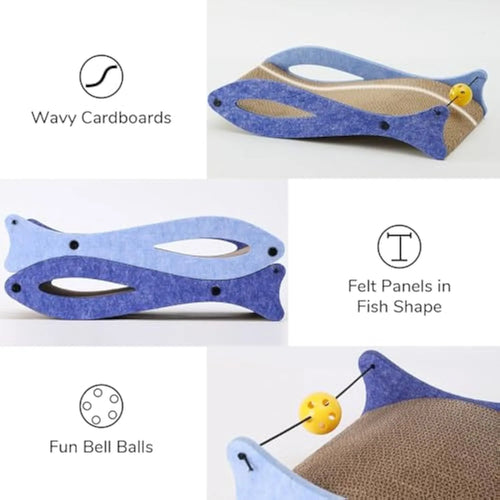 Blue fish-shaped cardboard cat scratcher lounger with a red bell ball toy on an elastic cord.