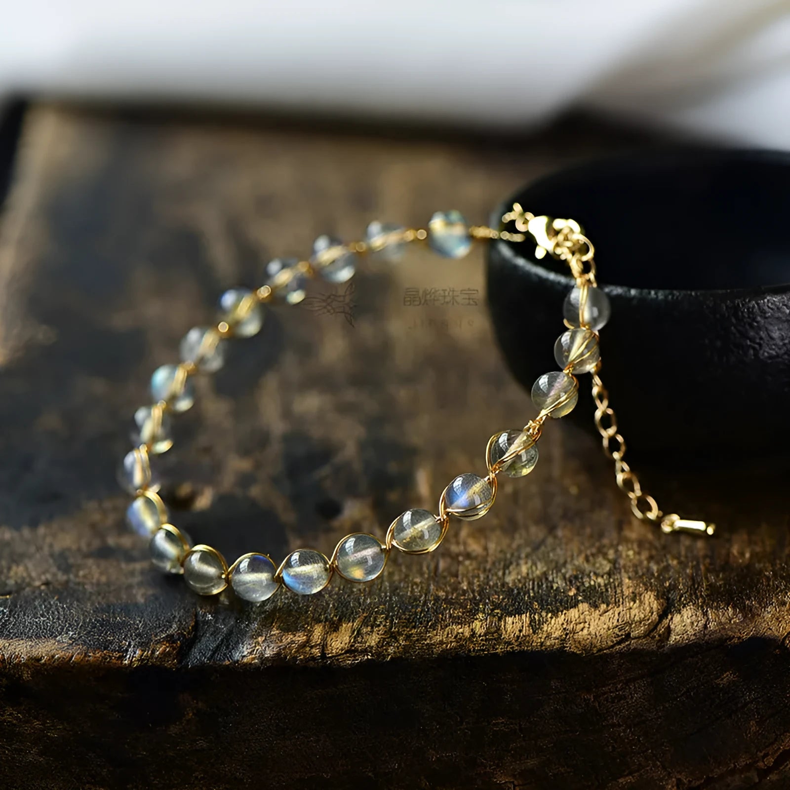 14K gold gilded women's bracelet with 6mm natural blue moonstone crystal beads