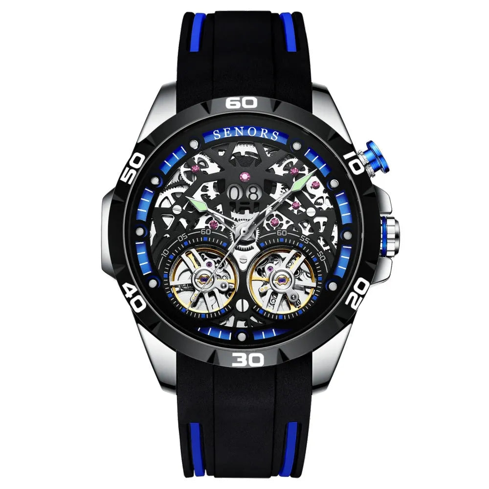 Men's automatic mechanical watch with luminous hands and hollow dial in blue or red colour, 14mm thick case.